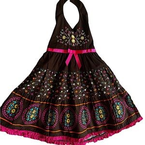 BLUEBERI BOULEVARD GIRL HALTER DRESS BROWN WITH MULTI COLOR FLOWERS SZ 5